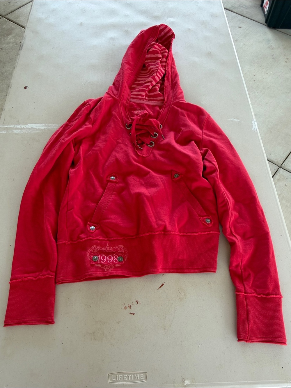 EDC Y2K Lace-Up Hooded Pullover with Stripe-Lined Hood